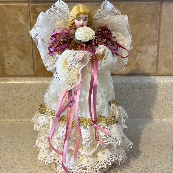 Other - Table top Angel, lace body@ wings,crocheted hem, flower@ pink bow.